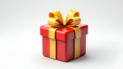 Obraz premium Shiny red gift box adorned with a golden ribbon and bow on a bright white background evokes joy.