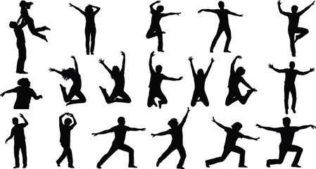 Silhouette dance poses, energetic movements, diverse dancing styles, vector illustration, black figures, performance art, choreography concept, modern dance, freedom
