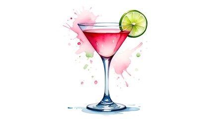 Elegant watercolor illustration of a vibrant pink cocktail with a lime garnish detail