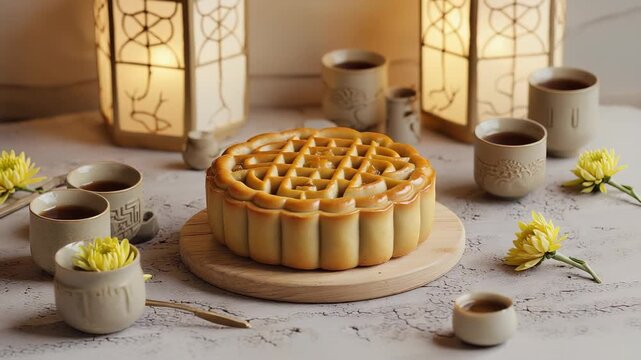Golden mooncake with lotus seed filling sits center stage on a wooden board. Surrounded by teacups and soft lantern lighting, it creates a serene atmosphere perfect for tea time