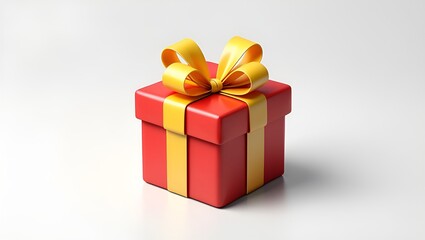 Obraz premium A vibrant red gift box tied with a golden ribbon, casting a soft shadow on a clean white surface.