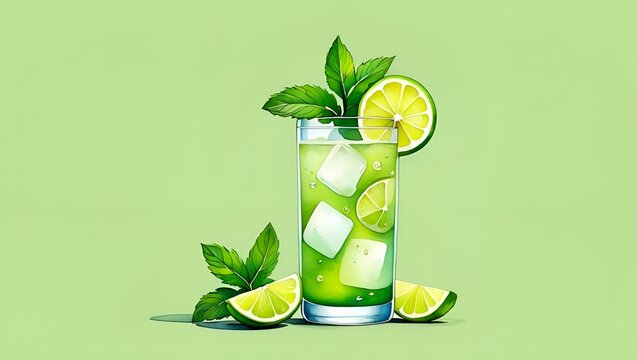 Refreshing green beverage with ice, mint and lime on a light green background, vibrant and inviting. - Powered by Adobe