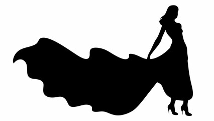 Silhouette of a woman in a dress and heels with a long flowing train on a white background design