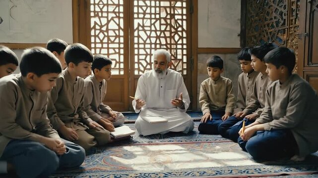 A group of boys attentively listens as an elder recites Hadith, gesturing while sharing wisdom. One child takes notes, sitting on a rug with sunlight filtering through lattice windows
