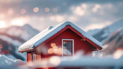 A cozy red cabin nestles quietly beneath a cloudy sky and Snowy Mountains.