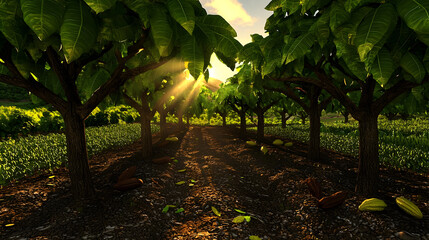 Cacao trees line a sunlit field, pods scattered on the ground. Lush foliage and sunlight beam down a pathway