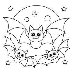 Three cute bats flying under the moon and stars night