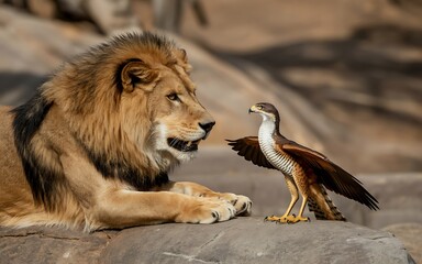 Lion and hawk face off on rocky terrain eagle bird of prey