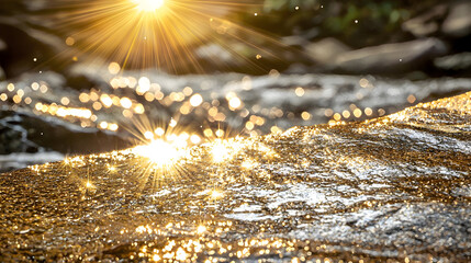 Golden sunlight streams through a shallow, rocky stream. Sparkling water reflects the sun's rays
