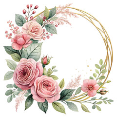 Elegant pink rose and leaf watercolor wreath with golden frame for invitations or wedding design projects