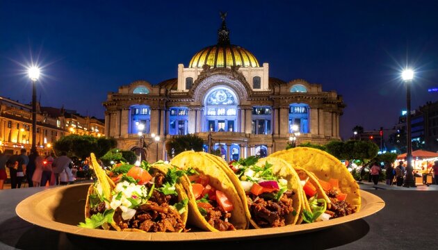 Street-style Mexican tacos al pastor on a paper plate, taken at night with the illuminated Palacio de Bellas Artes in Mexico City behind - Powered by Adobe