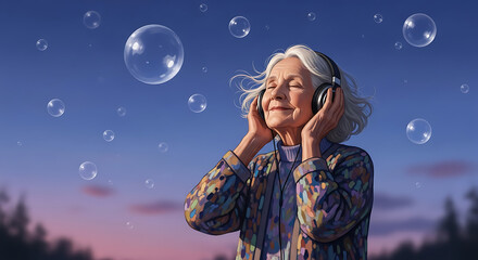 An elderly woman enjoys music with headphones, surrounded by floating bubbles.