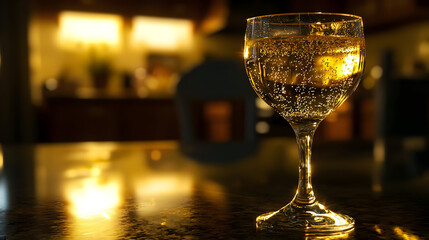 Sparkling drink in a glass, warm kitchen ambiance.  Glass of bubbly beverage, illuminated by warm interior light,  on a polished countertop