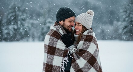 Couple wrapped in blanket snowy day