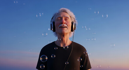 An elderly man with headphones enjoys music while surrounded by floating bubbles against a clear blue sky.