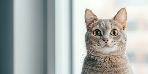 A close-up of a gray tabby cat with striking yellow eyes staring directly at the camera against a blurred background.
