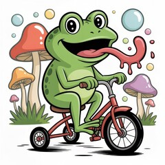 A silly, happy cartoon frog on a tricycle with its tongue sticking out, surrounded by colorful mushrooms and floating bubbles in a fun, whimsical illustration.