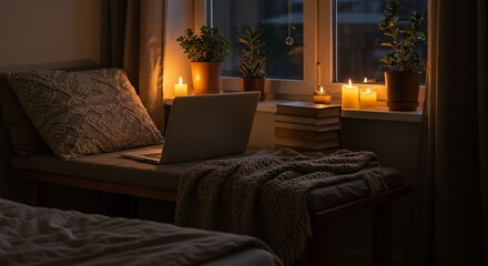 Cozy evening indoor scene with laptop