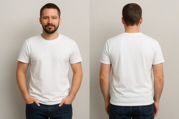 Man wearing a plain white t shirt shown from the front and back