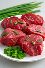 Fototapeta premium Macro Photograph of Raw Beef Cubes with Herbs