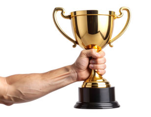 Raised Arm Holding Golden Trophy in Celebration Pose Isolated PNG