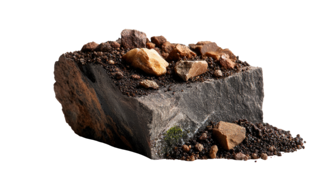 Rock Formation: A detailed shot of a weathered rock formation with assorted rocks and dirt resting on it, highlighting textures and the natural processes of erosion.