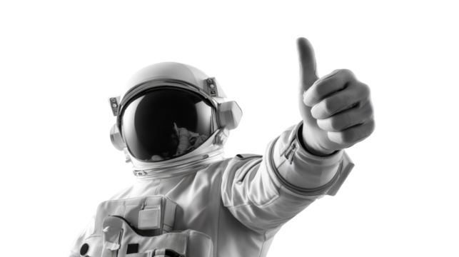 Astronaut Thumb Up: An astronaut, encased in their spacesuit, gives a confident thumbs-up, ready to embark on a cosmic journey, symbolizing positivity and achievement.