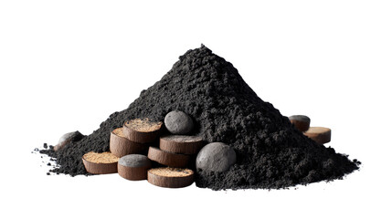 Activated Charcoal Pile: A detailed view of activated charcoal in a studio shot, highlighting its raw, natural form alongside a collection of charcoal tablets, capturing a unique textural contrast.