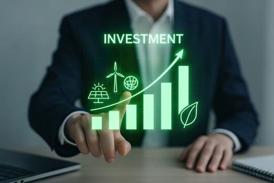 sustainable finance show highlights eco-conscious investment strategies. A businessman points to a glowing green investment graph highlighting growth with eco-friendly