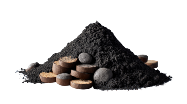 Activated Charcoal Pile: A detailed view of activated charcoal in a studio shot, highlighting its raw, natural form alongside a collection of charcoal tablets, capturing a unique textural contrast.