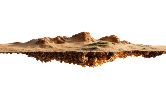 Desert Island Oasis: A cross-section reveals a miniature, surreal desert island, the sun-baked terrain contrasted by patches of resilient green vegetation, hovering in a dreamlike state. 