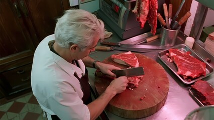Butcher cutting meat at counter, showcasing traditional butcher shop scene.
