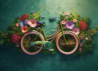 Fototapeta premium A bicycle adorned with colorful flowers is positioned against a textured green background, creating a vibrant and decorative scene.