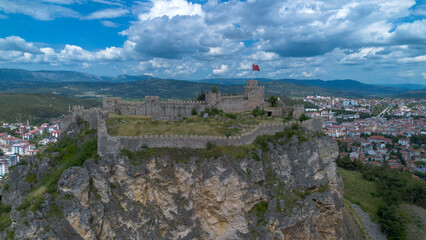 Fototapeta premium Aerial view of Boyabat Castle and the Boyabat region. Sinop, Turkey. Drone shot.