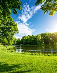 Fototapeta premium Lush parkland, serene lake, sunny day