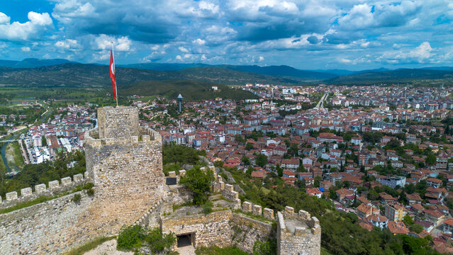 Aerial view of Boyabat Castle and the Boyabat region. Sinop, Turkey. Drone shot.