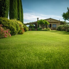 Naklejka premium Lush green lawn with manicured gardens and a light beige house in the background