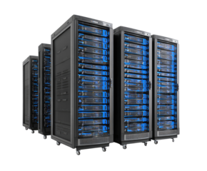 Four server racks, dark gray, illuminated with blue lights, stand in a row