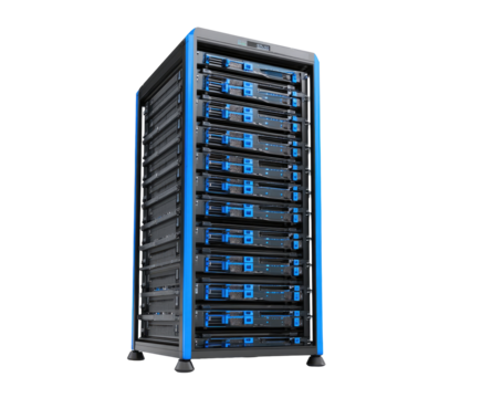 Tall server rack with blue accents, multiple drive bays