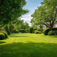 Lush green lawn stretches between meticulously landscaped gardens, shaded by mature trees under a partly cloudy sky.  Homes are visible in the background