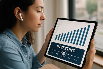 Women in investing audio content empowers through financial education. A woman wearing earbuds looks at a tablet