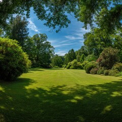 Fototapeta premium Lush green lawn stretches through a tranquil garden, framed by mature trees and bushes under a vibrant blue sky