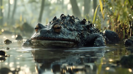 Obraz premium A serene scene features a unique frog resting in a still pond surrounded by lush greenery. The lighting creates a magical atmosphere. Generative AI