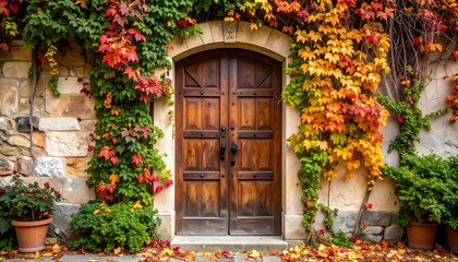 Autumnal stone wall with wooden door