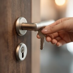Woman turning a metallic key in a wooden door lock with a modern handle in an office or home.