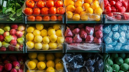 A colorful display of fresh fruits showcases vibrant colors and textures. This image captures the essence of healthy eating. Perfect for food blogs and marketing. Generative AI