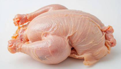 A raw, uncooked whole chicken on a white background, ready for preparation. Perfect for illustrating poultry or culinary themes.