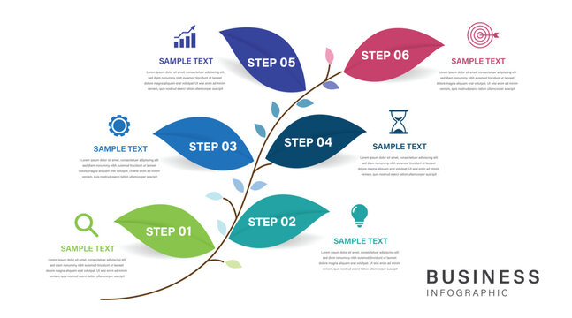 Tree of Success business infographic growth strategy line 6 steps, timeline template for business presentation