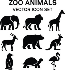 Black Vector Silhouette Zoo Animals Icon Set – 3x3 Grid on White Background