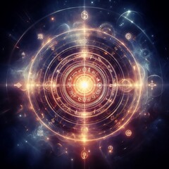 Obraz premium Unlock cosmic secrets with this radiant, mystical astrological chart radiating powerful celestial energy